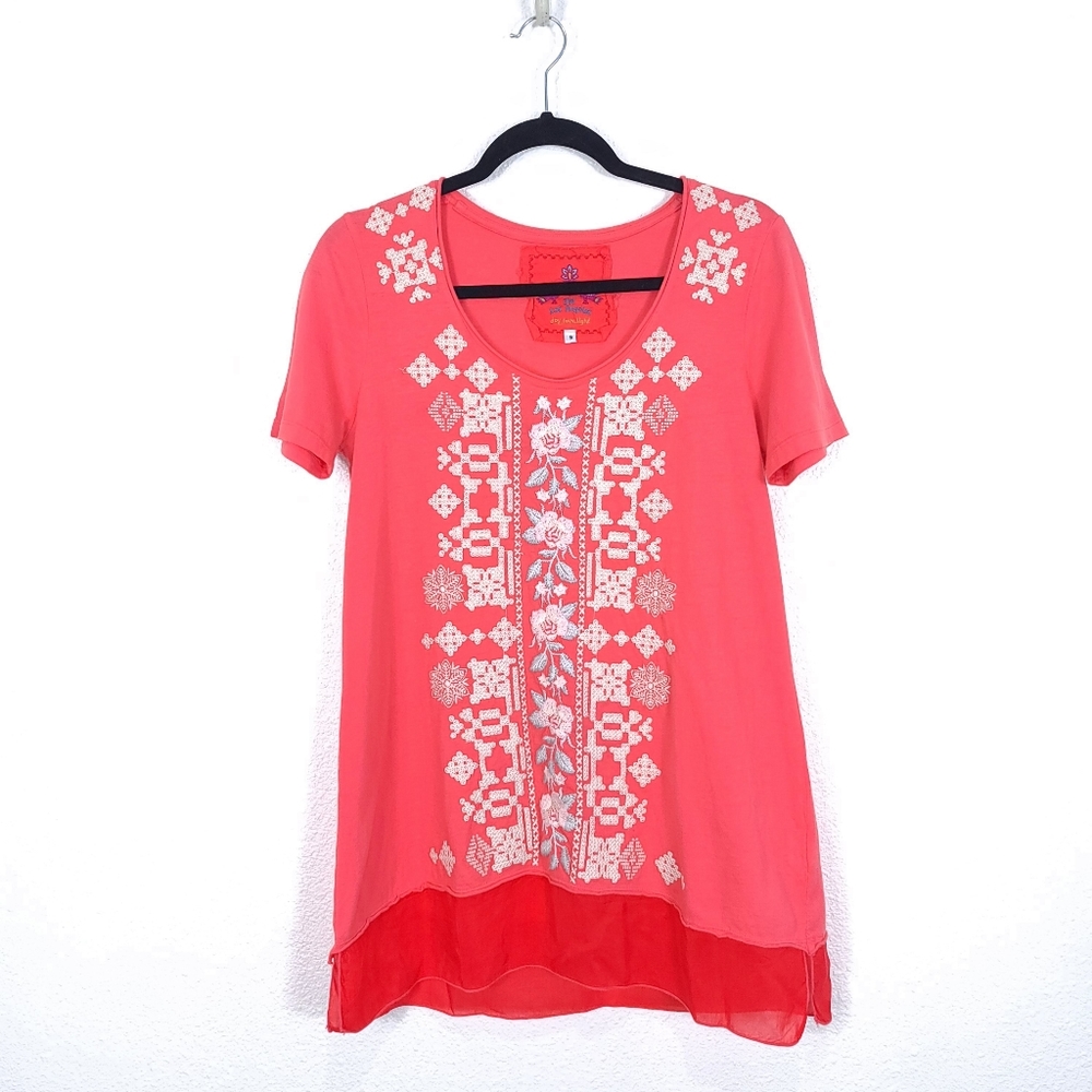 JOHNNY WAS Boho Embroidered Overlay Pink Blouse Tunic Top - Picture 1 of 9